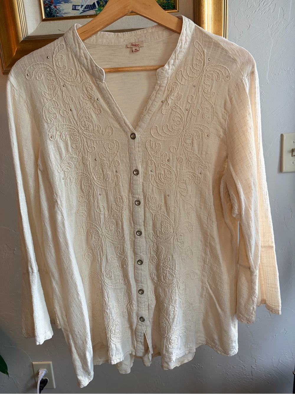 Raba Women's XL Ivory Solid Woven Cotton V-Neck 3/4 Sleeve Beaded Blouse